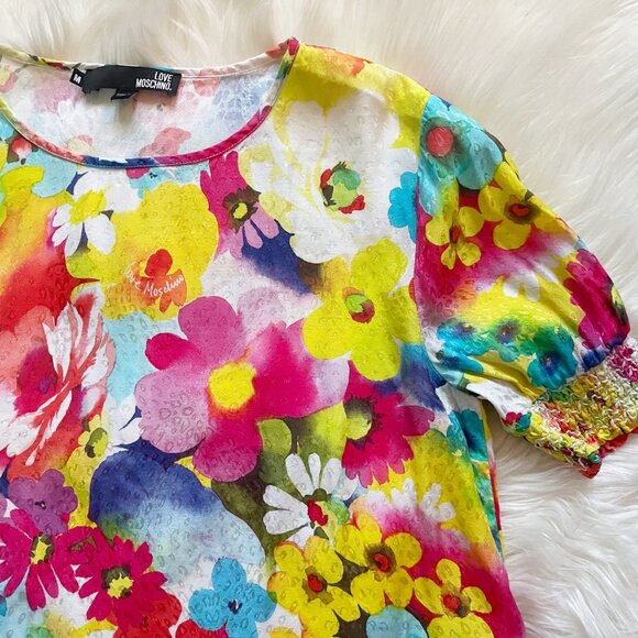 Love Moschino Size M Multicolour Floral Print Short Ruched Sleeve Blouse Top - Picture 2 of 7